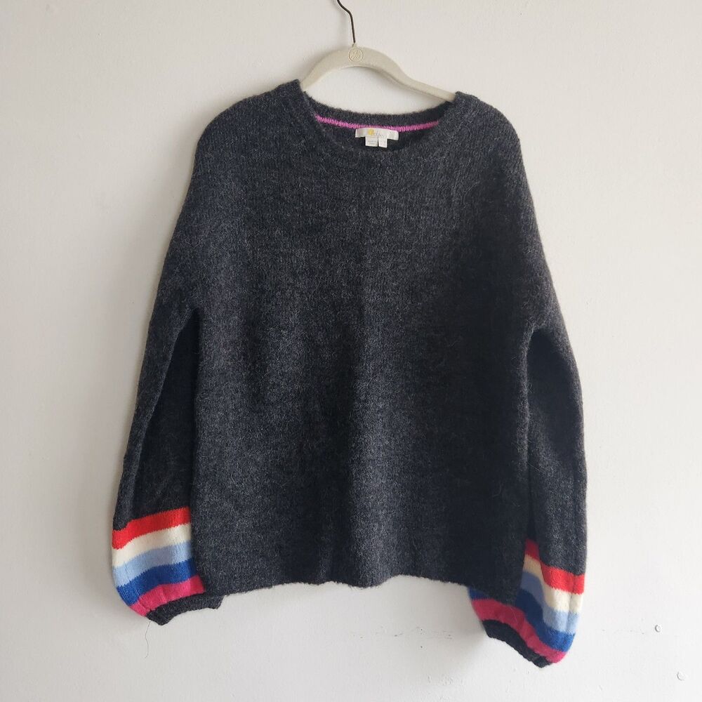 Boden Fluffy Gray Crewneck Wool Blend Sweater with Coforful Striped Cuffs Sz 6